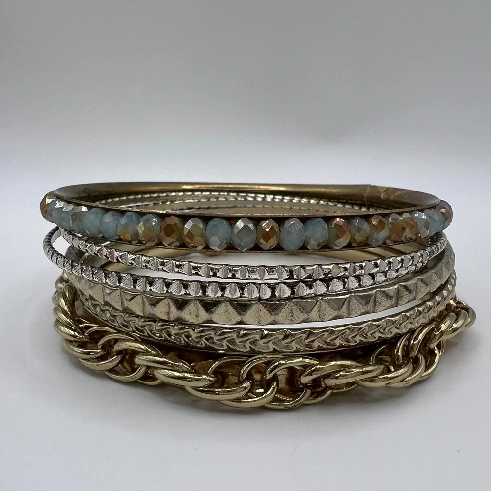 Mixed Metal Bangle Bracelet Set 6pc Gold Silver Tone Beaded Studded Textured